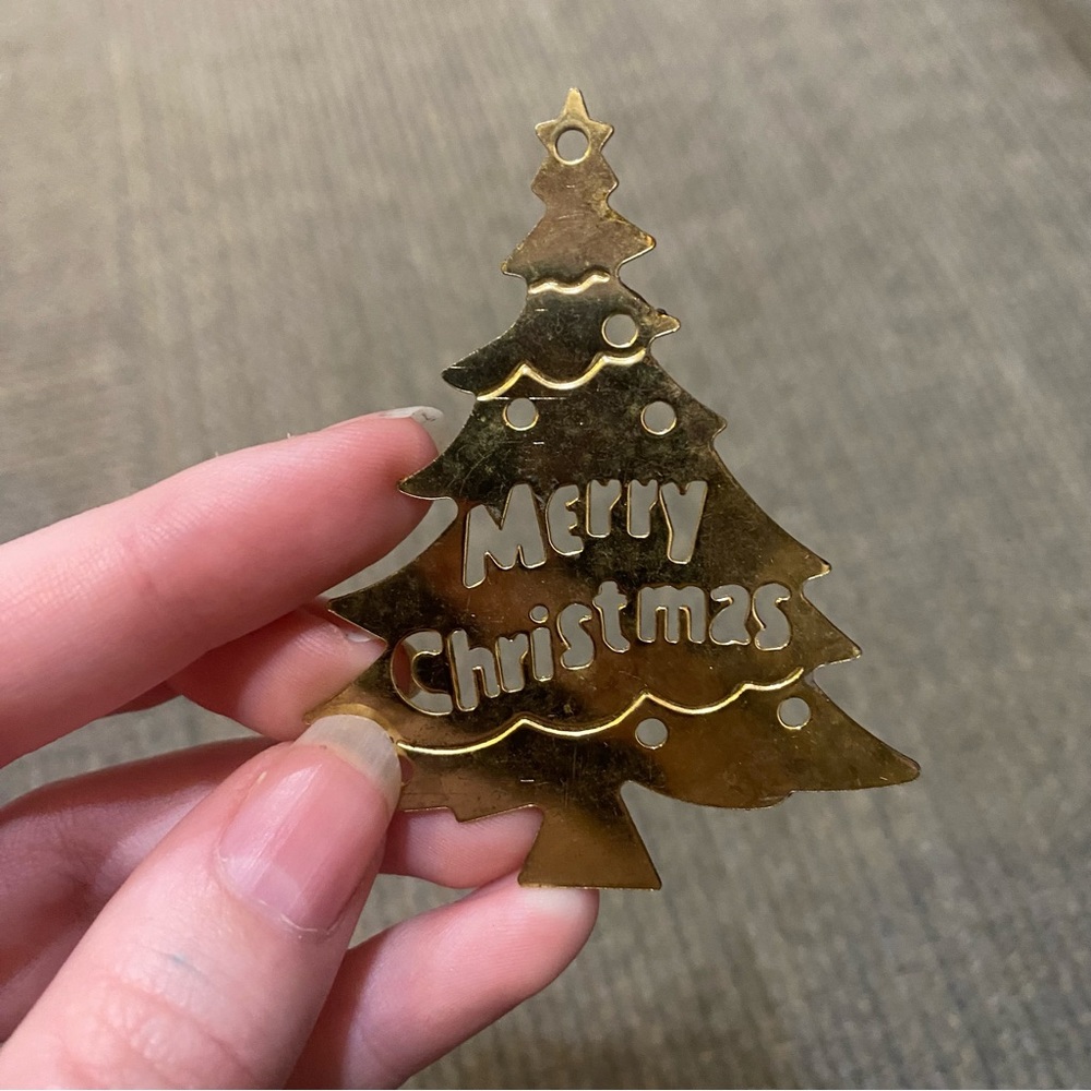 Vintage Cut Metal Gold Tone Merry Christmas Tree Ornament Holiday 2 3/4"